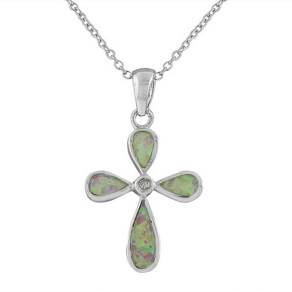 925 Sterling Silver Latin Religious Cross Simulated Opal Pendant Necklace