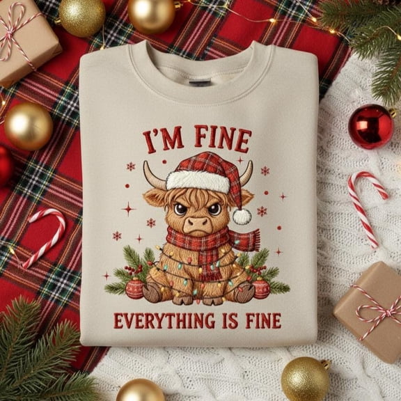 EMBROIDERED I'm Fine Everything is Fine Christmas Embroidery Shirt, Funny Highland Cow Holiday Lights with Santa Hat Embroidery Shirt