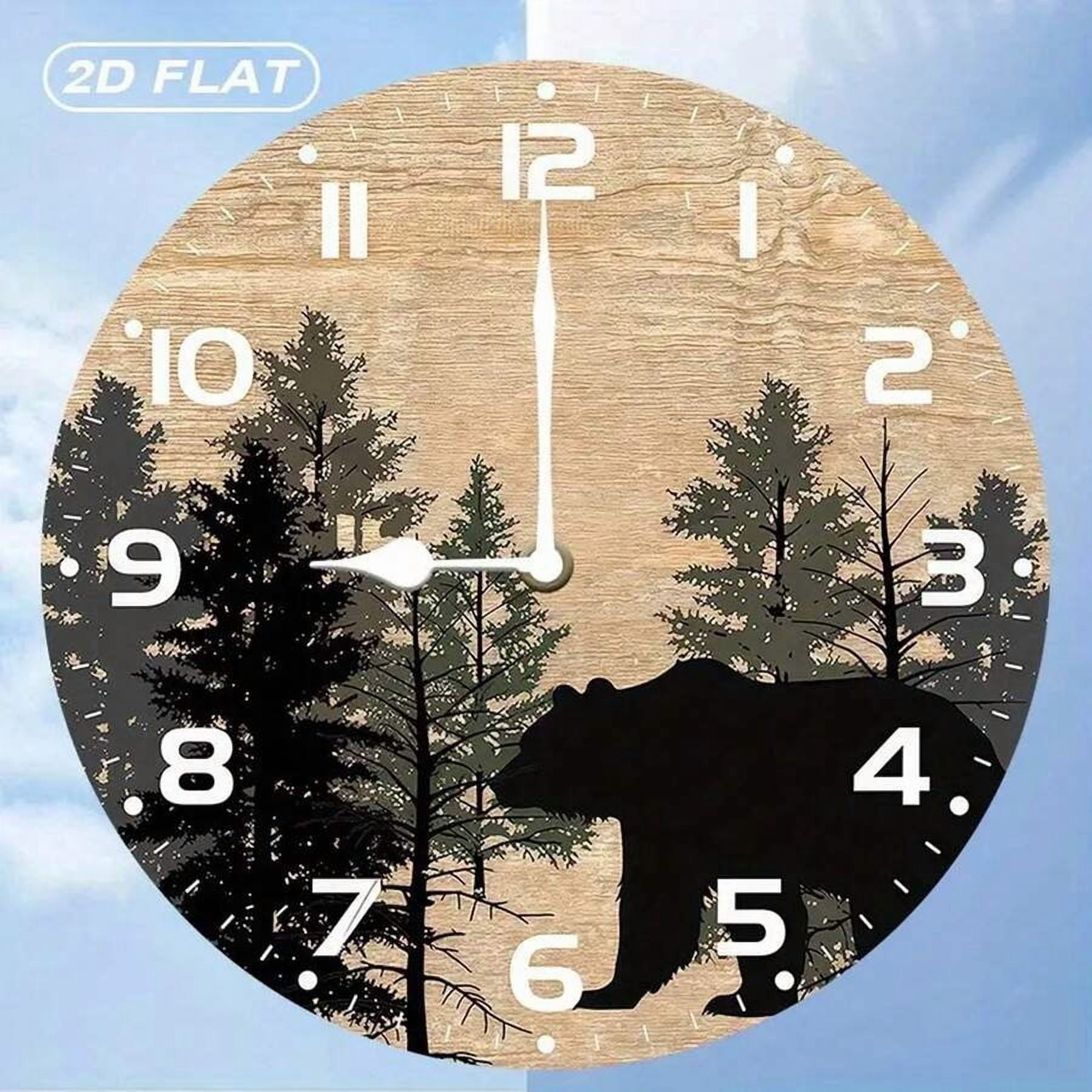 Wood Grain Black Bear Forest Pine Tree Round Wall Clock, Silent Non‑Ticking Rustic Cabin Wall Clock, Wildlife Nature Themed Decorative Wall Clock for Lodge Living Room