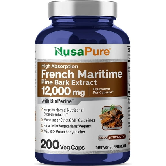 NusaPure French Maritime Pine Bark 30:1 Extract, 400 mg Equivalent to 12,000 mg Per Veggie Caps 200-Day Supply, Bioperine (Non-GMO & Vegan)