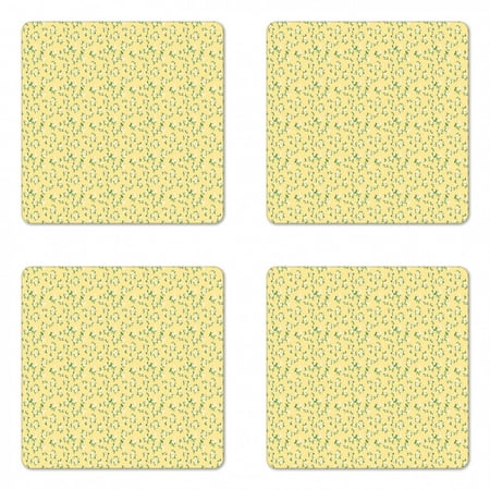 

Floral Coaster Set of 4 Repetitive Rose Arrangements with Leaves Spring Garden Art Illustration Square Hardboard Gloss Coasters Standard Size Green and Pale Yellow by Ambesonne