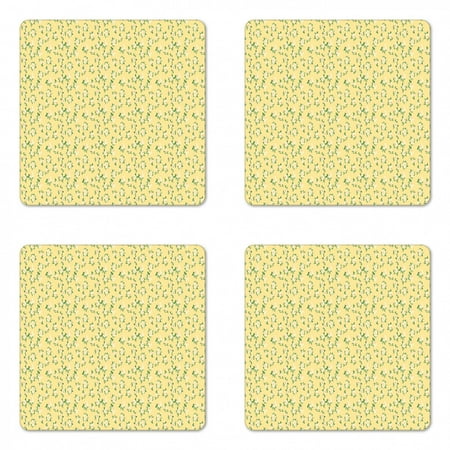 

Floral Coaster Set of 4 Repetitive Rose Arrangements with Leaves Spring Garden Art Illustration Square Hardboard Gloss Coasters Standard Size Green and Pale Yellow by Ambesonne