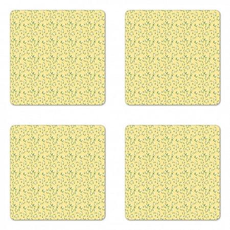 

Floral Coaster Set of 4 Repetitive Rose Arrangements with Leaves Spring Garden Art Illustration Square Hardboard Gloss Coasters Standard Size Green and Pale Yellow by Ambesonne