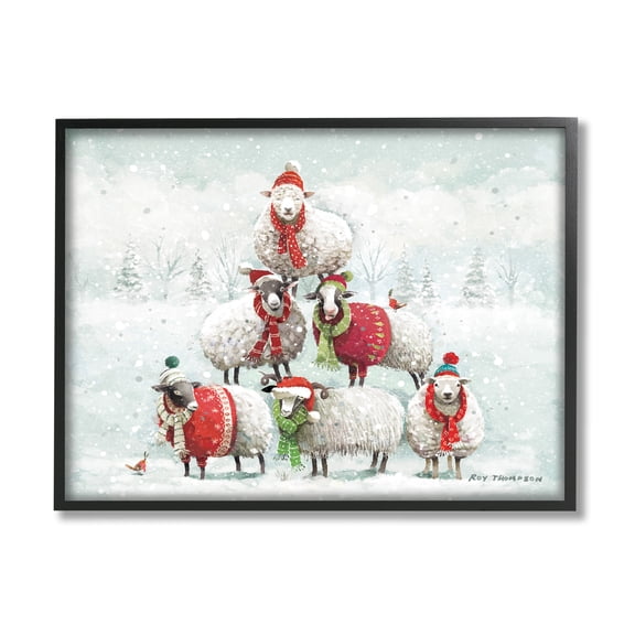 Stupell Industries Winter Sheep Snowy Farm Animals Holiday Painting Black Framed Art Print Wall Art