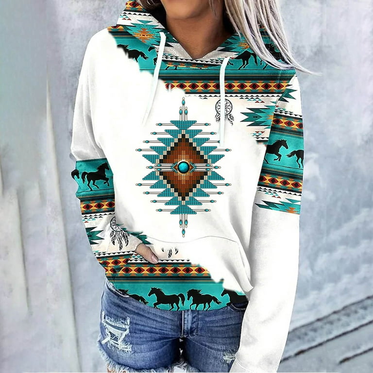 RQYYD Women's Aztec Drawstring Hoodie Ethnic Graphic Hoodie for Women  Pullover Top Long Sleeve Sweatshirts with Pockets 