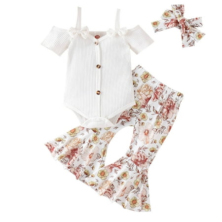 

Baby Girls Outfits Cute Romper and Pants Set With Hairband 12-18 Months Toddler Kids Baby Girls Fashion Cute Sweet Flower Print Ruffles Flared Pants Hairband Suit