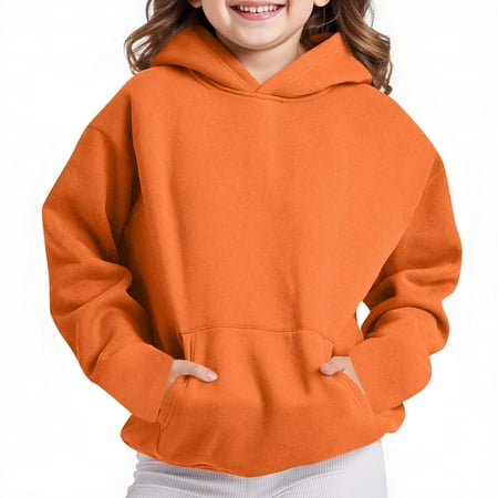 JUSLIO Hoodies for Girls Fall/Winter Solid Color Hooded Sweatshirt Athletic Fall/Winter Long Sleeve Tops Sweatshirts Orange(4 Years)