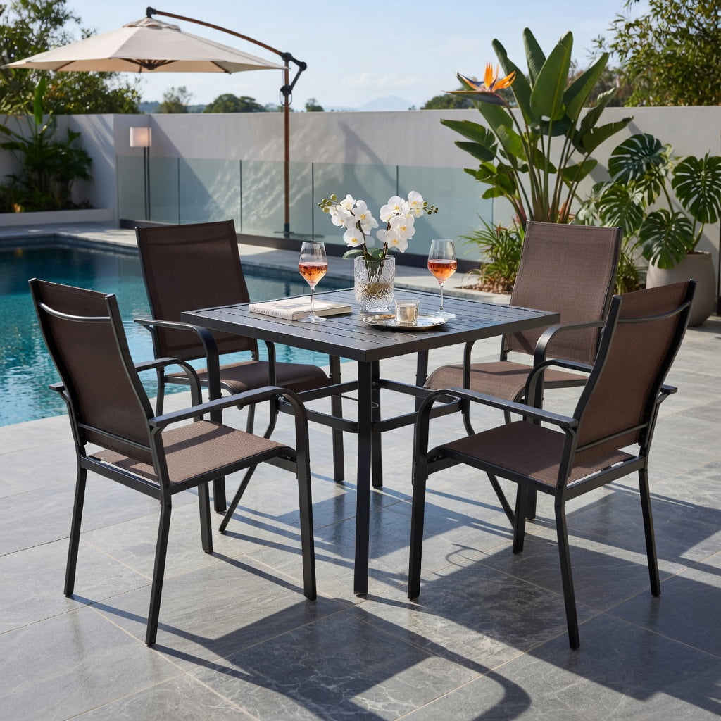 Hommoo Stackable Outdoor Patio Dining Chairs Set of 4, Metal Frame with Breathable Mesh Fabric, Easy Assembly for Patio, Balcony & Poolside Use, Coffee