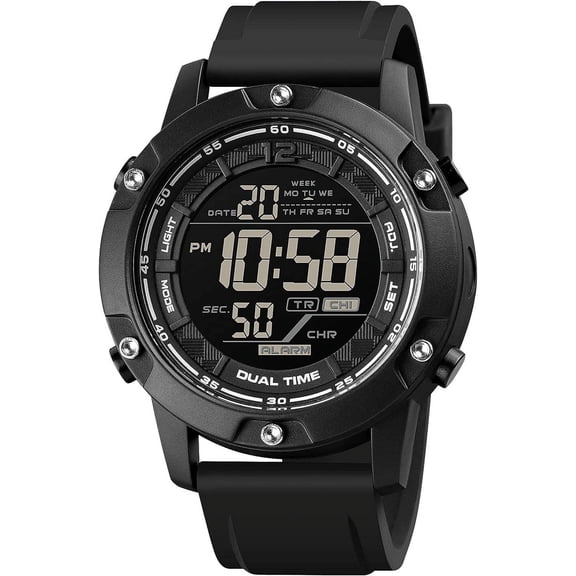 Men's Digital Black Sports Watches Large Face Waterproof Dual Time Stopwatch Alarm LED Back Light Count Down Wrist Watch