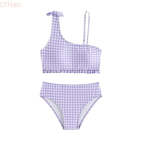 LYHao Bikini Sets For Girls Purple Plaid Bikini Kids Bathing Suits 2 Piece Swimsuit,Two-Piece Swimwear 9-10 Years Purple