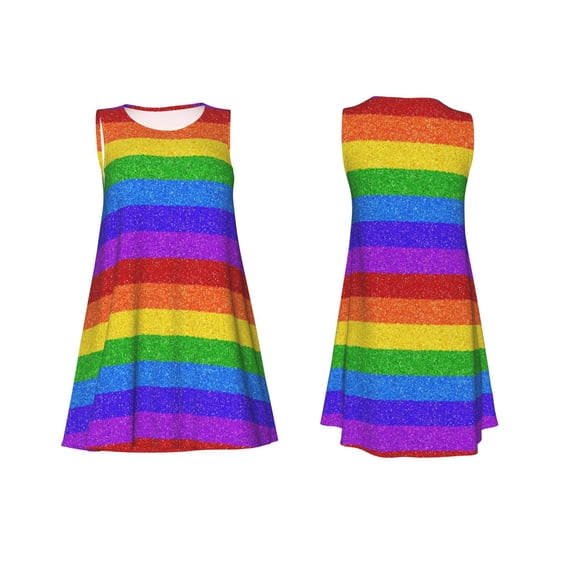 Horeoi Colorful Glitter Rainbow Print Women's Sleeveless Dress Cotton-like Flared Hem Deep Side Pockets Above-Knee