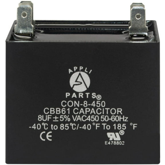 Appli Parts Fan Capacitor 8 mfd (microfarads) uf 450 VAC 4 Terminal Connections compatible with any brand within the same range of capacitance 1-7/8in Width 1in Depth 1-7/8in Height CAP-8-450