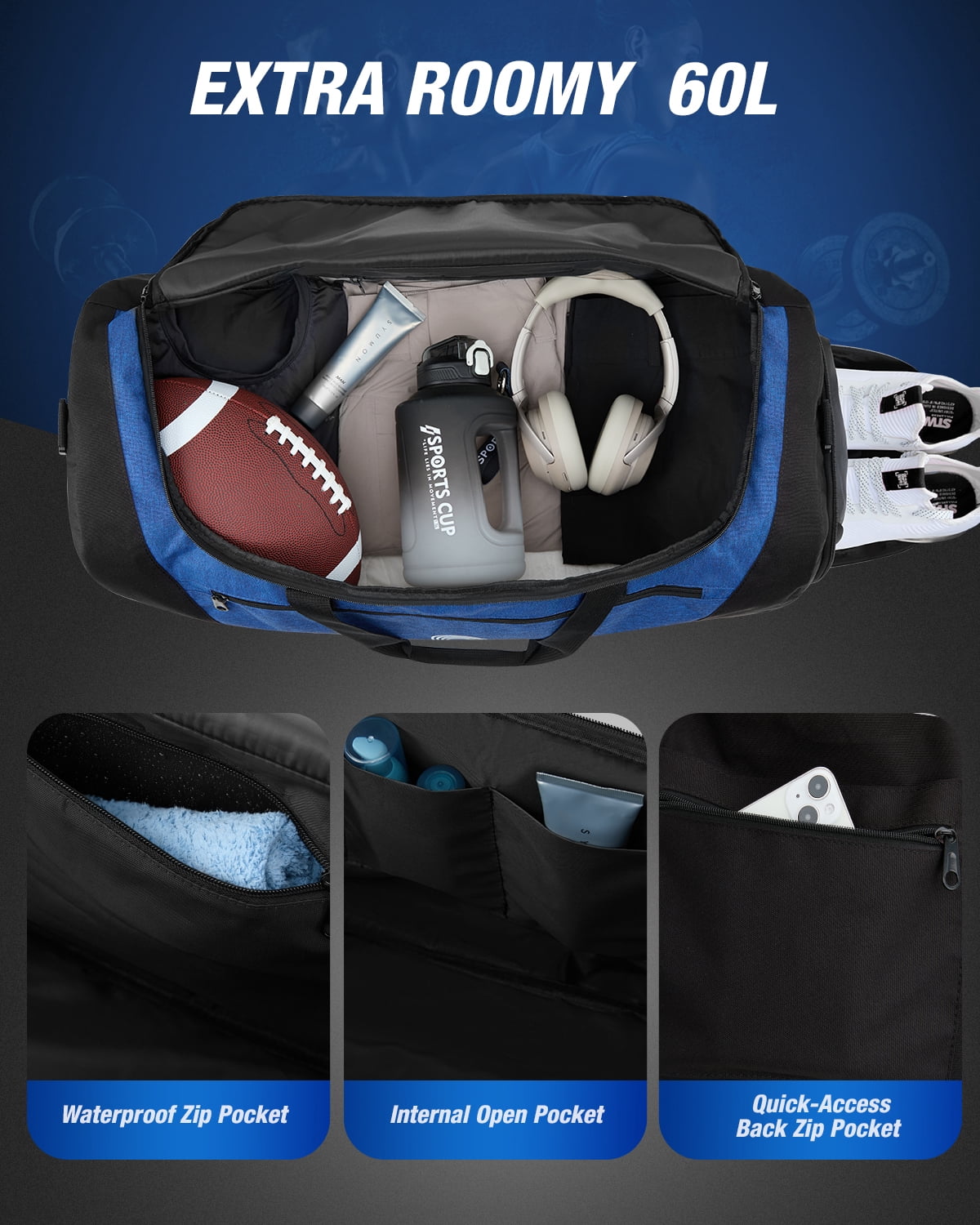 Gonex 60L Gym Duffel Bag, Sports Duffle with Shoe Compartment & Wet Pocket, Water-Resistant Travel Bag for Fitness, Camping, Weekend Trips