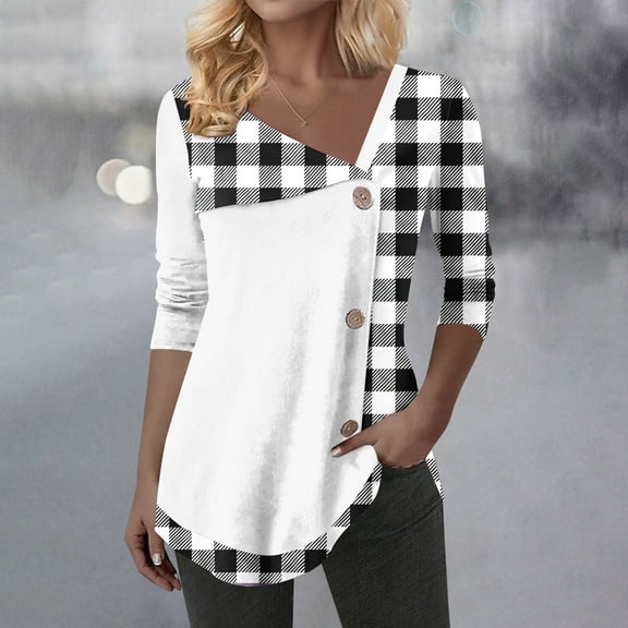 Craaazy Women's Fashion Printed Blouses Fall Long Sleeve Tops Slanted V-neck Shirts Gifts Loose Casual Blouses with Decor Button