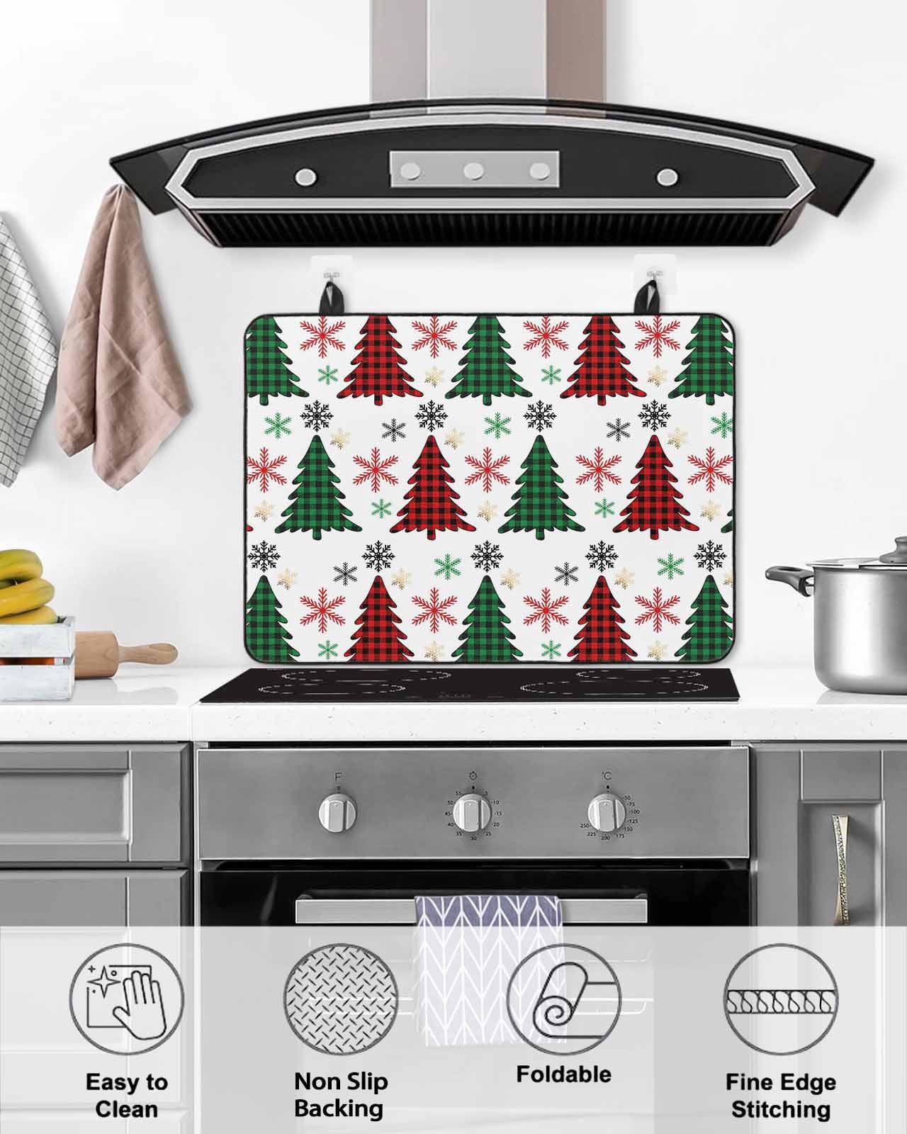 Large Induction Cooktop Protector Mat Christmas Stove Top Covers for Electric Stove, Winter Red Green Xmas Buffalo Plaid Tree Snowflake Decorative Stove Burner Cover Mats, Glass Top Stove Cover