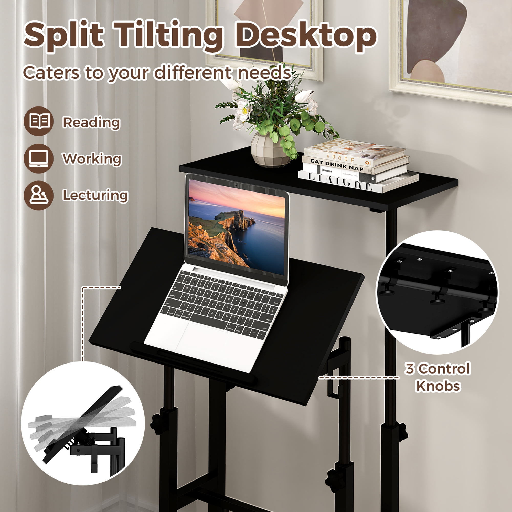 Costway Mobile Standing Desk Rolling Adjustable Laptop Cart Home Office Black