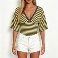 thumbnail image 2 of vigerkar Women Y2K Striped V Neck Cinched Waist Tops Batwing Sleeve Backless Shirt | Short Sleeve Ruched Crop Tops, Open Back Fitted Tee Shirt, Summer Going Out (Yellow, XL), 2 of 7