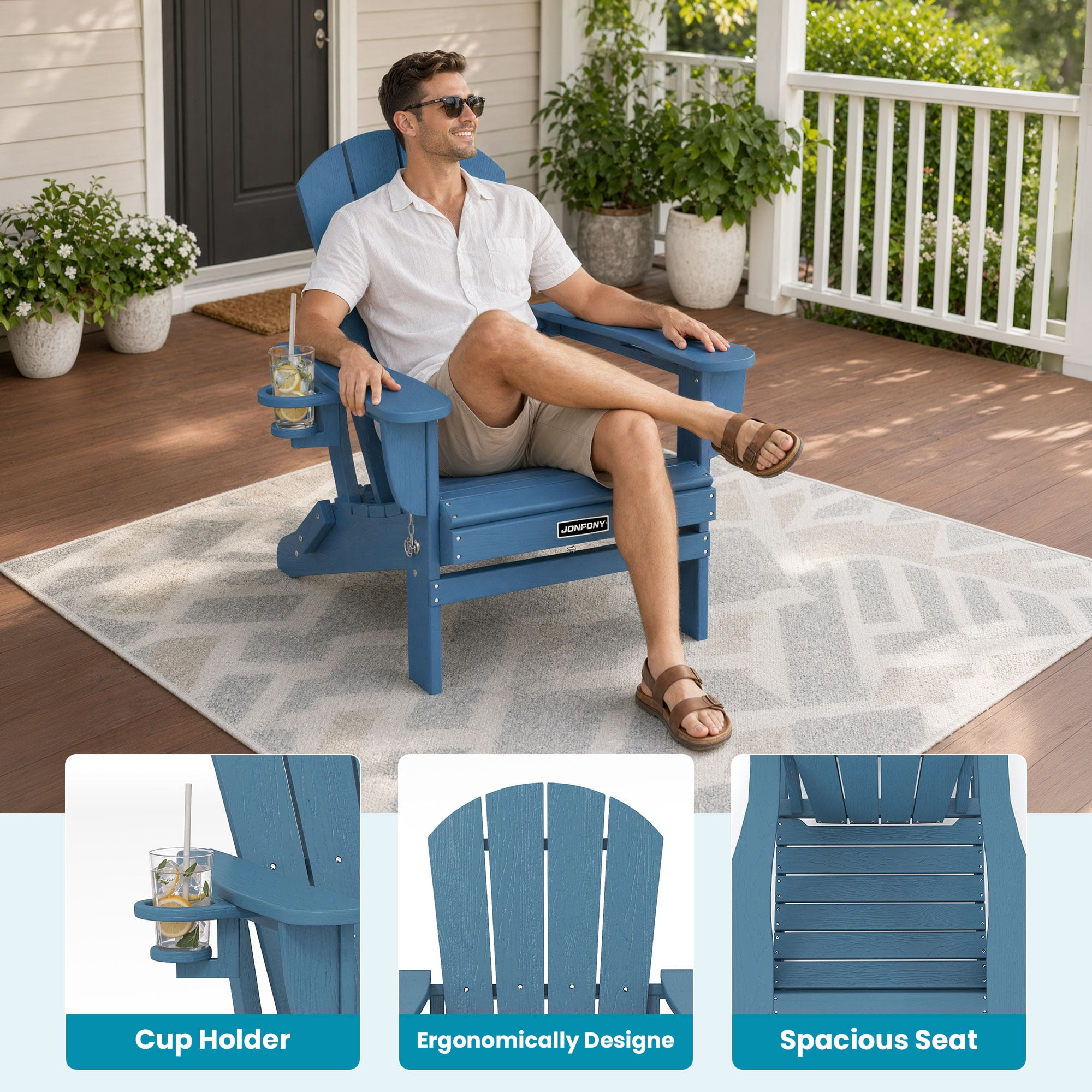 JONPONY Folding Adirondack Chair - HDPE All-Weather Outdoor Chairs, Patio Chairs Outdoor Wood Like Adirondack Chair for Backyard, Camping, Pool & Fire Pit,Blue