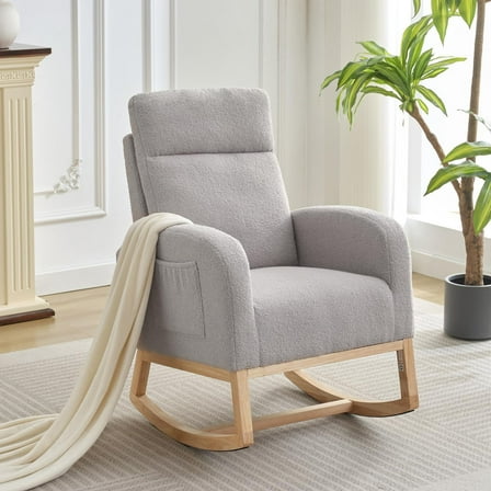 Towallmark Nursery Glider Chair, High Back Rocking Chair with Side Pocket, Rubber Wood Legs Accent Armchair for Living Room Bedroom Nursery, Light Gray
