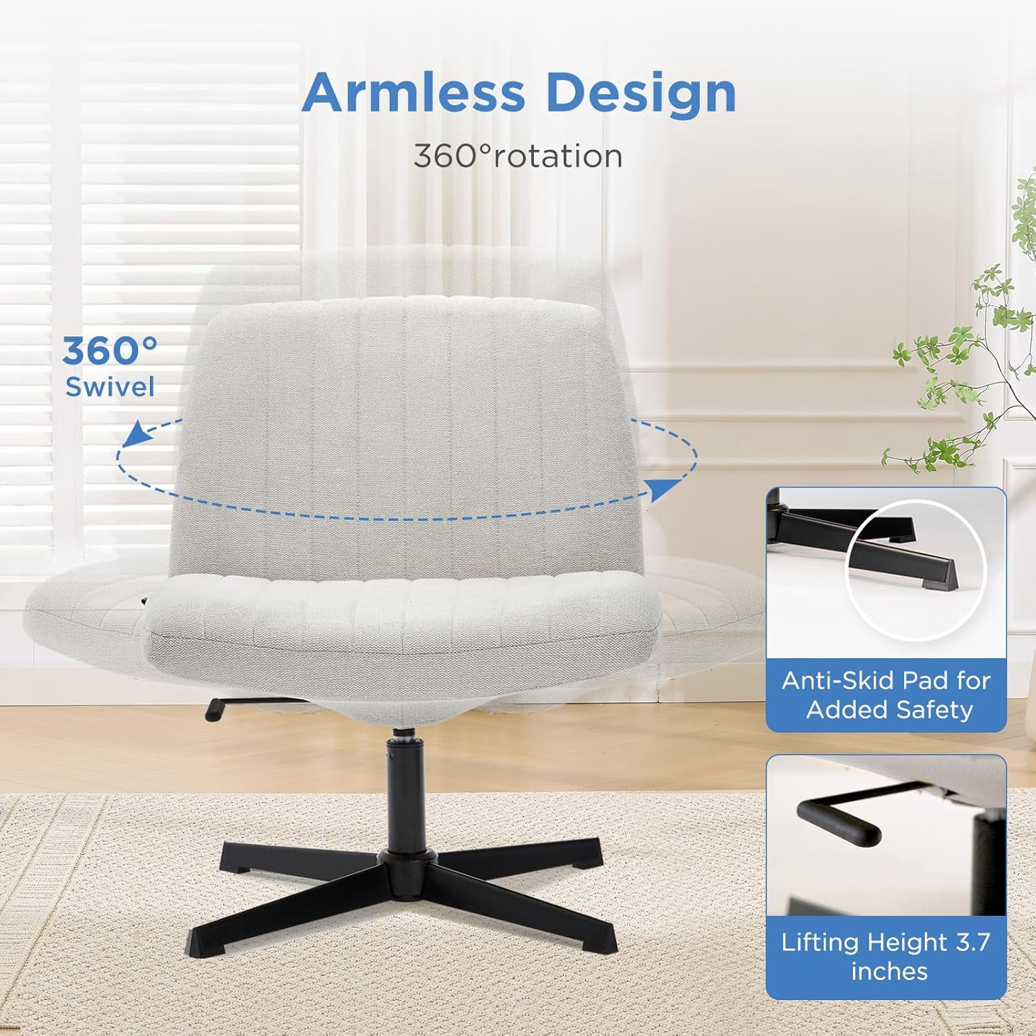 Nouhaus Criss Cross Line Chair, Cross Legged Vanity Chair No Wheels, Height Adjustable Wide Seat Computer Task Chair Home Office Chairs