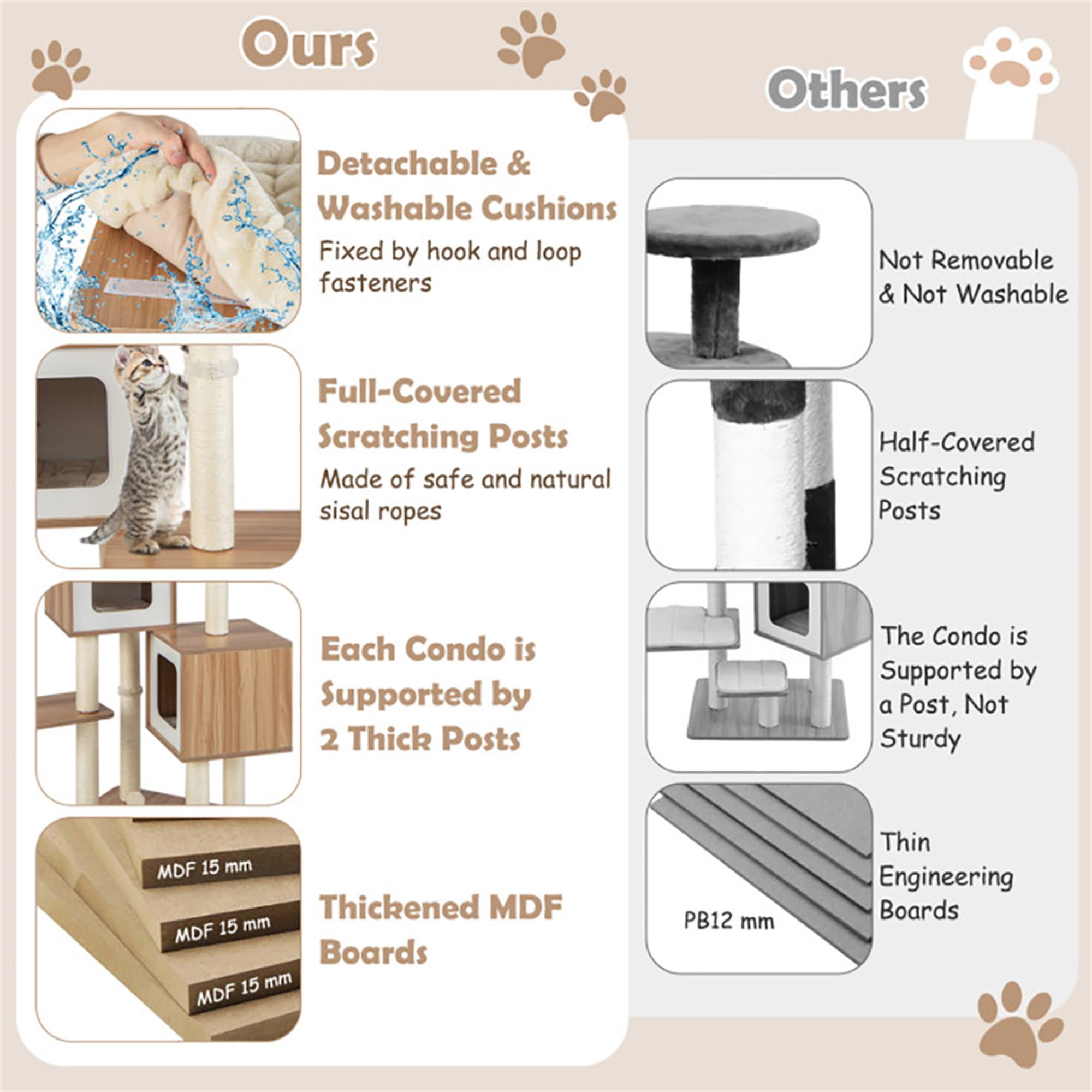 Kadyn 64" Large Wooden Cat Tree Tower with Double Condos, Large Perch and Totally Wrapped Sisal Posts, Modern Cat Tree House, Beige
