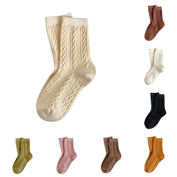 Xijirk Cable Knit Crew Socks Textured Mid Calf Knit Socks Retro Stylish Casual Socks for Women Beige,One Size
