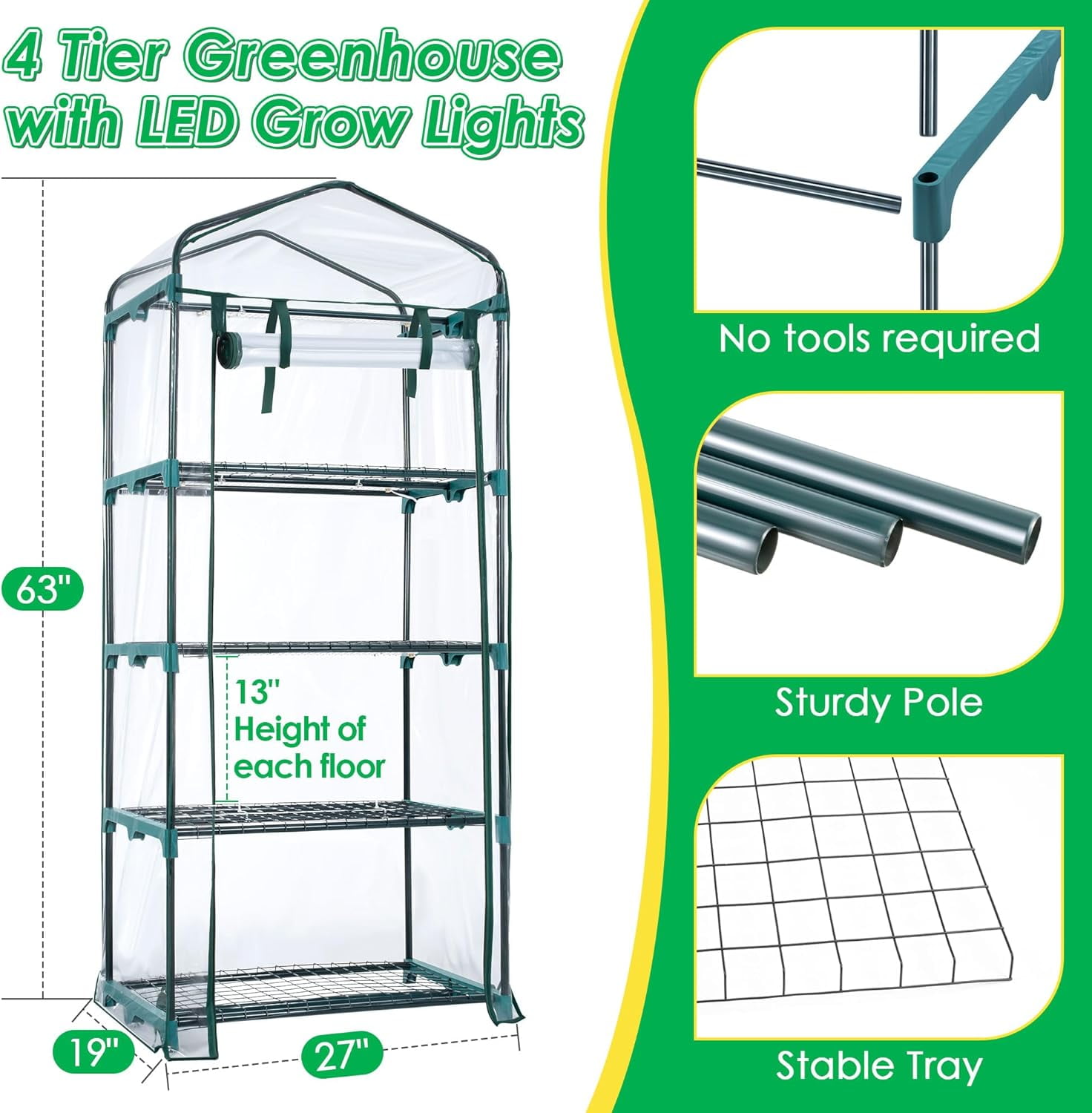 Indoor Greenhouse with Grow Lights - 4 Tiers 27.6"L×19.3"W×61.4"H Outdoor Mini Green House with Zip PVC Cover and Dimmable 15W Full Spectrum Plant Light with Timer for Seed Starting Trays