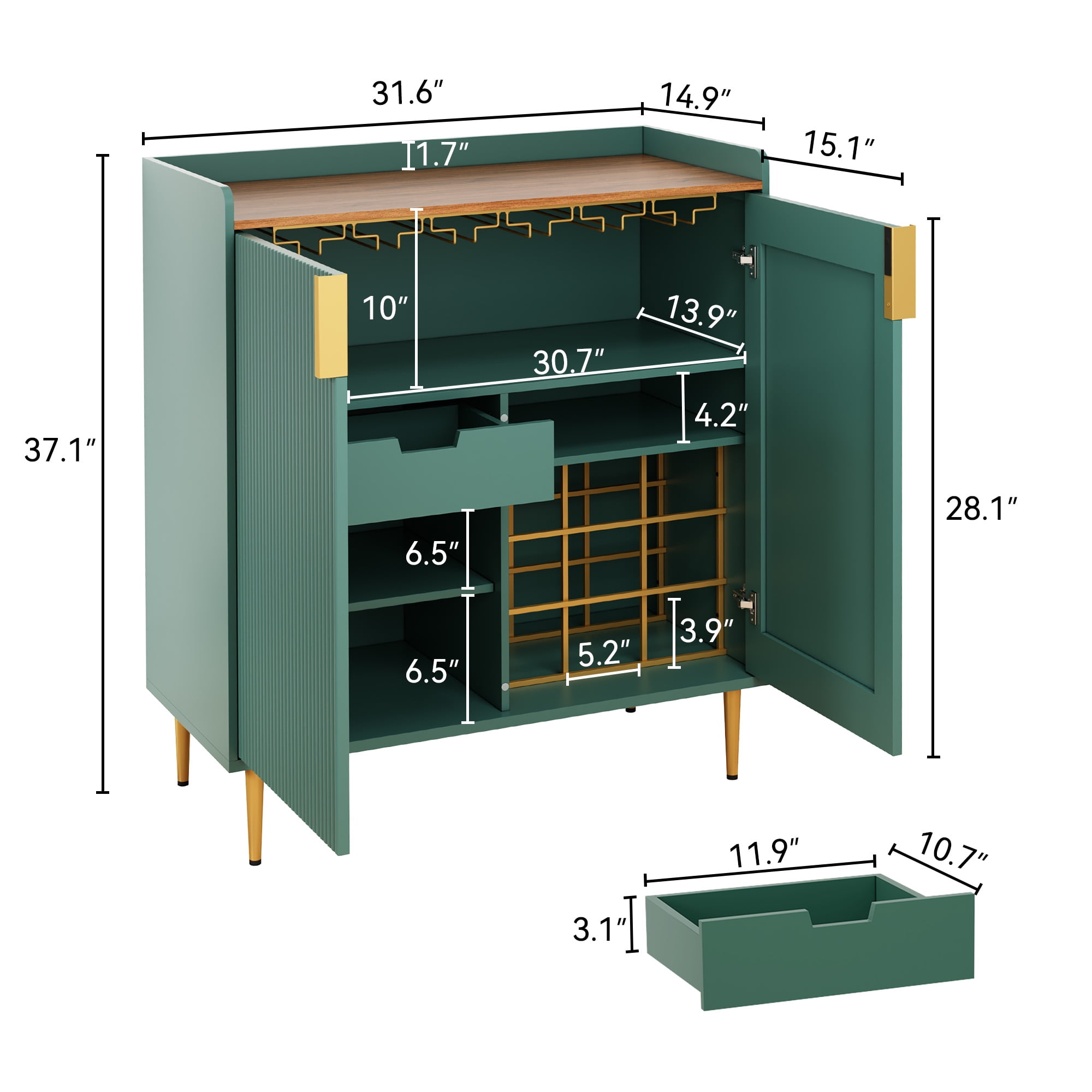 HLR 32" Wine Bar Cabinet with 2 Door Fluted Texture, Modern Coffee Cabinet with Rack&Glass Holder, Green.