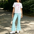 thumbnail image 5 of Xdegoge Girls Outfit 2 Piece Short Sleeve Crewneck Graphic Cute T Shirt and Bell Bottom Flare Pants Set Casual First Day Of School Daily Sets 2-14 Years, 5 of 6