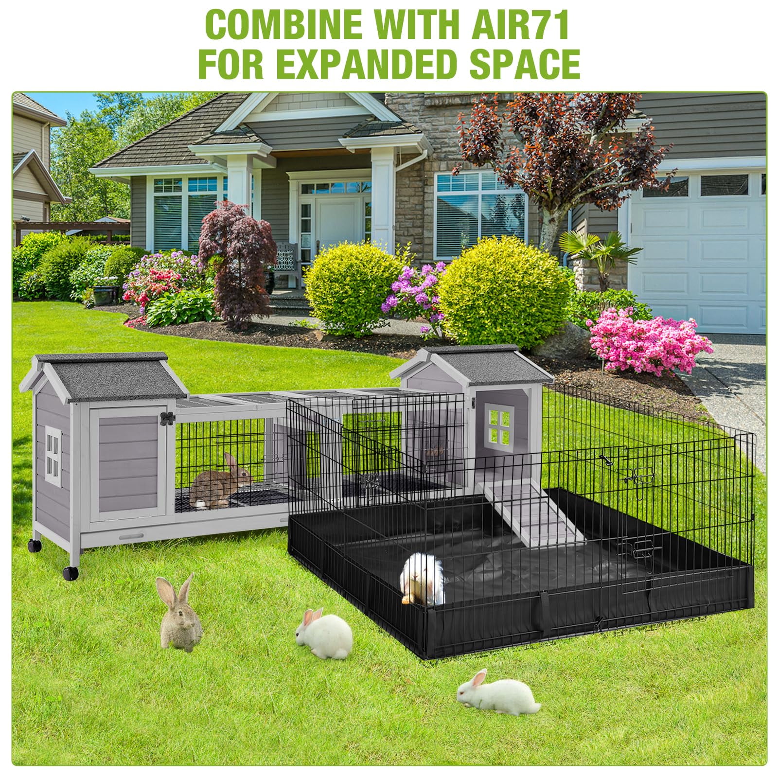 MEDEHOO Rabbit Hutch Outdoor Bunny Cage Indoor with Large Space Guinea Pig House on Wheels 10.4 ft², No Leak Trays, Run