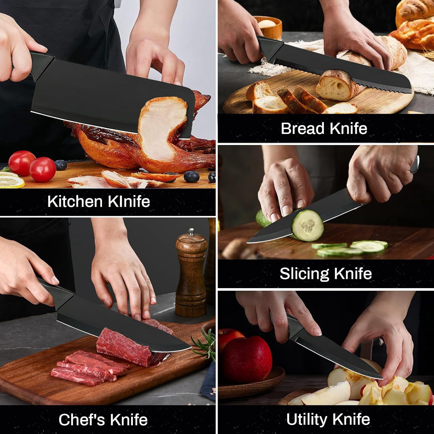 18-Piece Black Kitchen Knife Set with Holder, Professional Chef Knife Set Non-Stick Heat Resistant Silicone Utensils Wooden Handle for Cooking