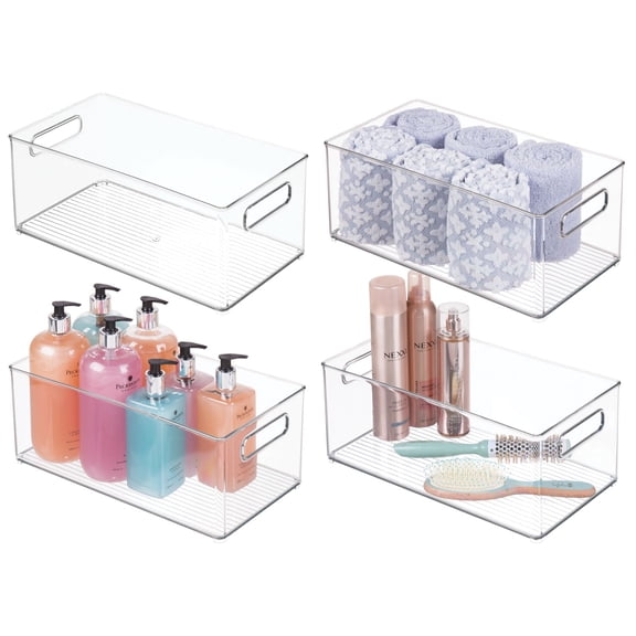 mDesign Deep Plastic Bathroom Storage Organizer Bin with Handles - 4 Pack, Clear