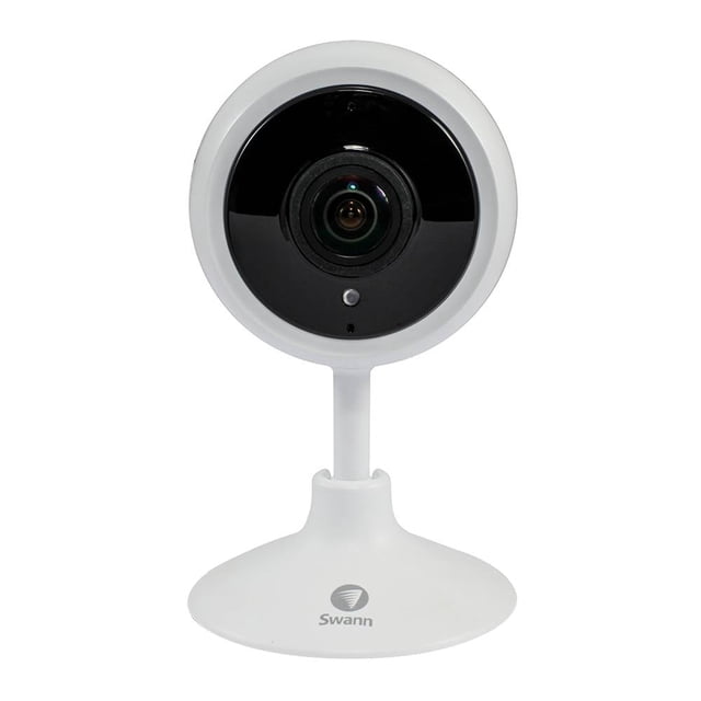 cámara de seguridad swann interior tracker swifi-trackcm32gb-gl cámara blanca frontal con lente en anillo negro y base redonda, soporte vertical corto y logo Swann; 1080p Full HD, visión nocturna, audio a dos vías y Wi‑Fi con ángulo de visión 180°; suele usarse para vigilancia doméstica y supervisión de mascotas o espacios pequeños desde la app.