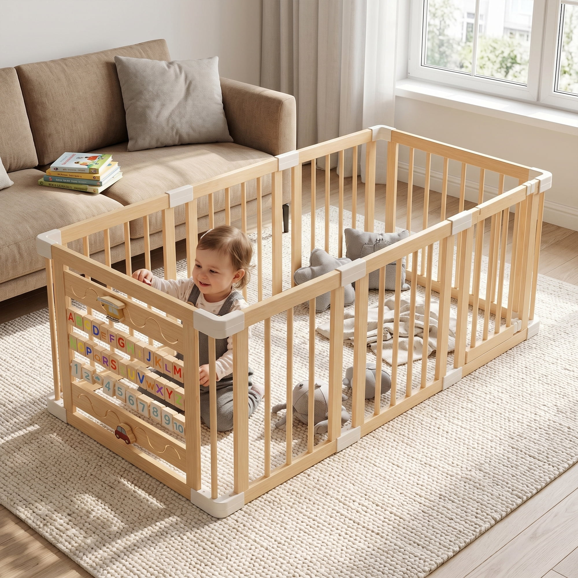 Babyeap Wooden Baby Playpen,Foldable Play Yards for Babies and Toddlers,Large Wood Play Gate with Built-in Toys,Baby Fence Activity Center 47x47x23.6 Inch