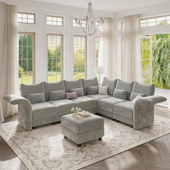 LLappuil Modular Sectional Sofa, 7 Seat Modular Sectional Sofa with 1 Storage Ottoman, 25.6 Deep Seat Chenille Sofa Gray