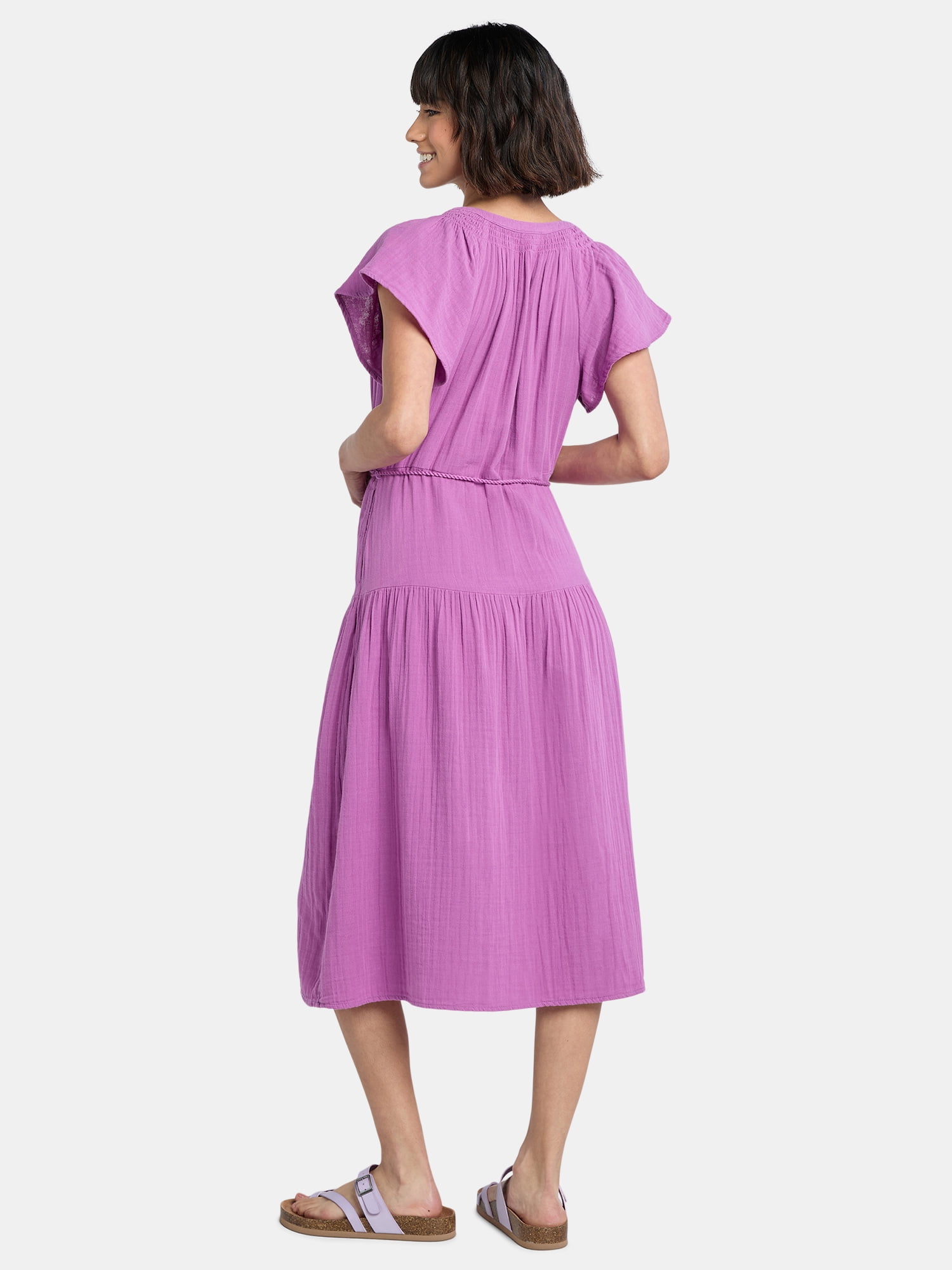 Time and Tru Women's Double Cloth Cotton Midi Dress, Sizes XS-XXXL