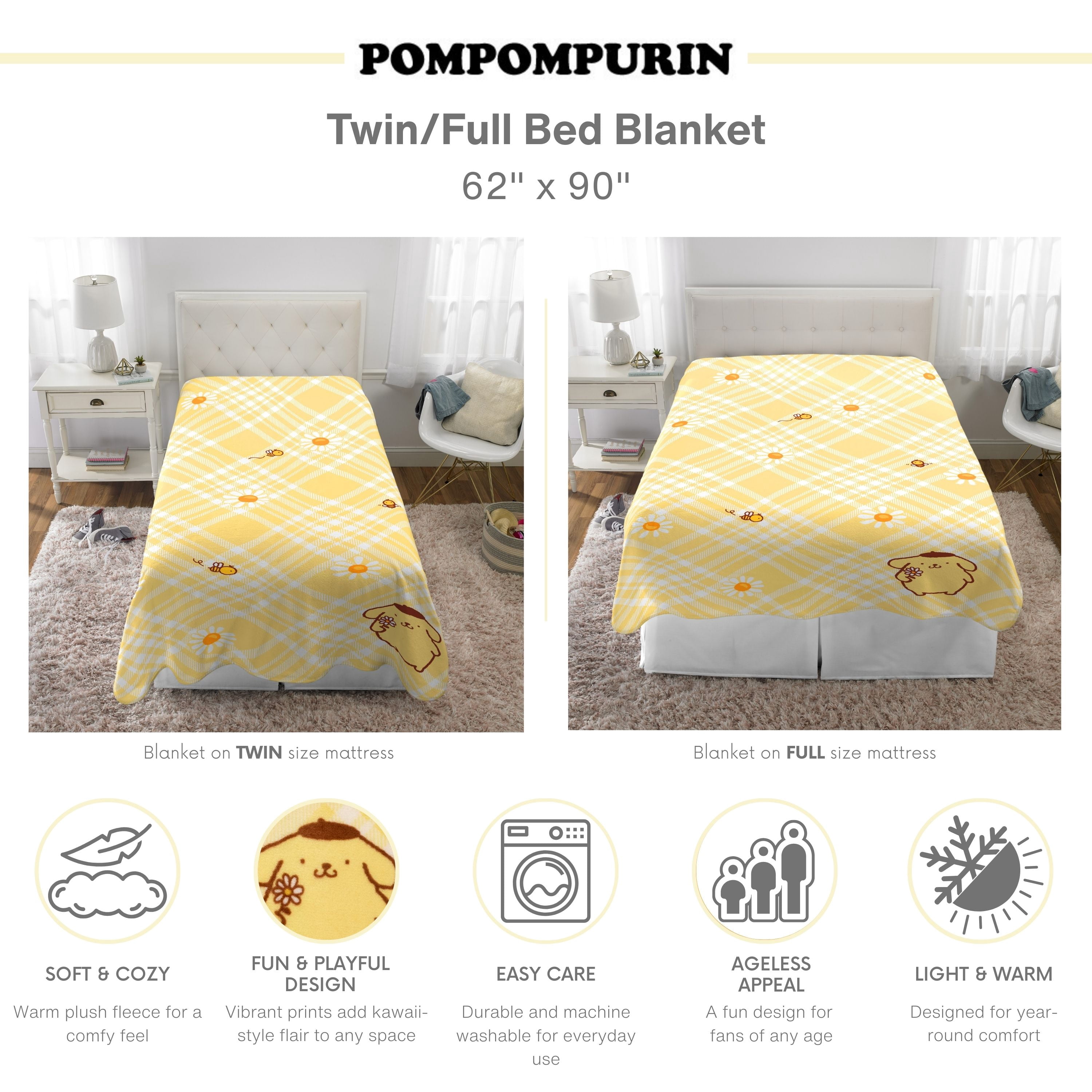 Pompompurin Yellow Gingham Print Fleece Bed Blanket, Twin/Full, Sanrio