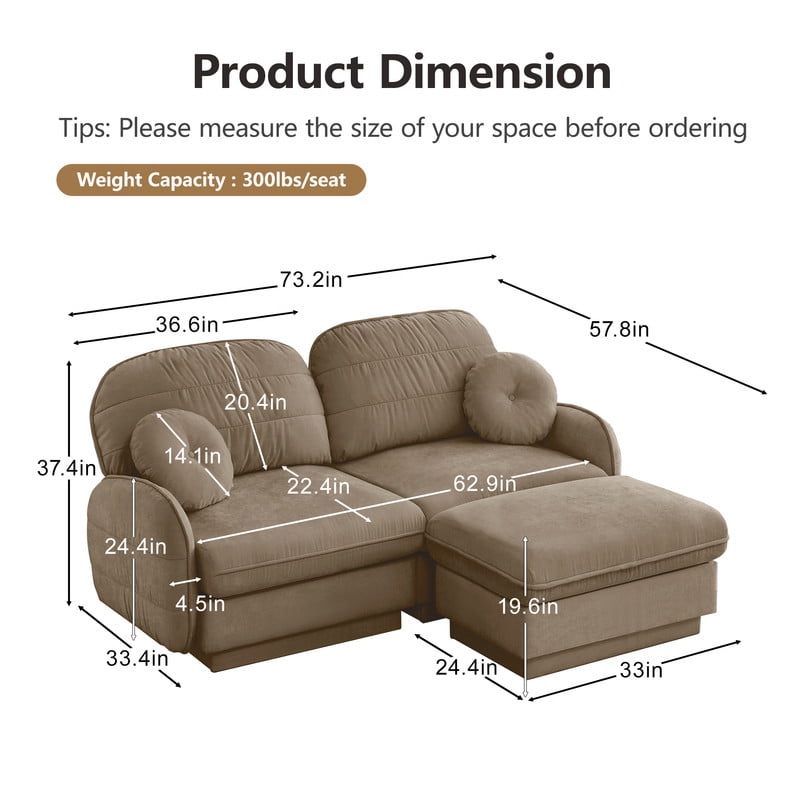 Chenille Modular Sofa with Ottoman, 2-Seater Deep Seat Cloud Couch, Convertible Sectional Sofa with Quilted Cushions & Round Pillows, Modern Sofa for Living Room, Apartment,Coffee