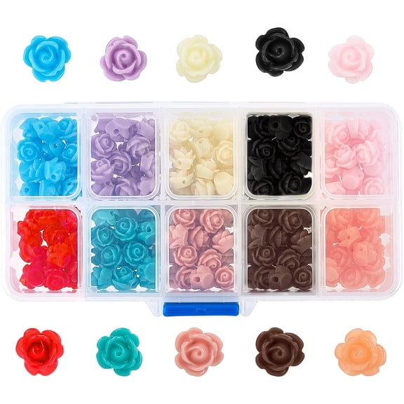 1 Box 200Pcs 10 Colors Rose Flower Resin Beads Flat Back Cabochons Embellishment Floral Rose Loose Beads for DIY Jewelry Necklace Bracelet Scrapbooking Making 9x7mm Hole 1mm Mixed Color