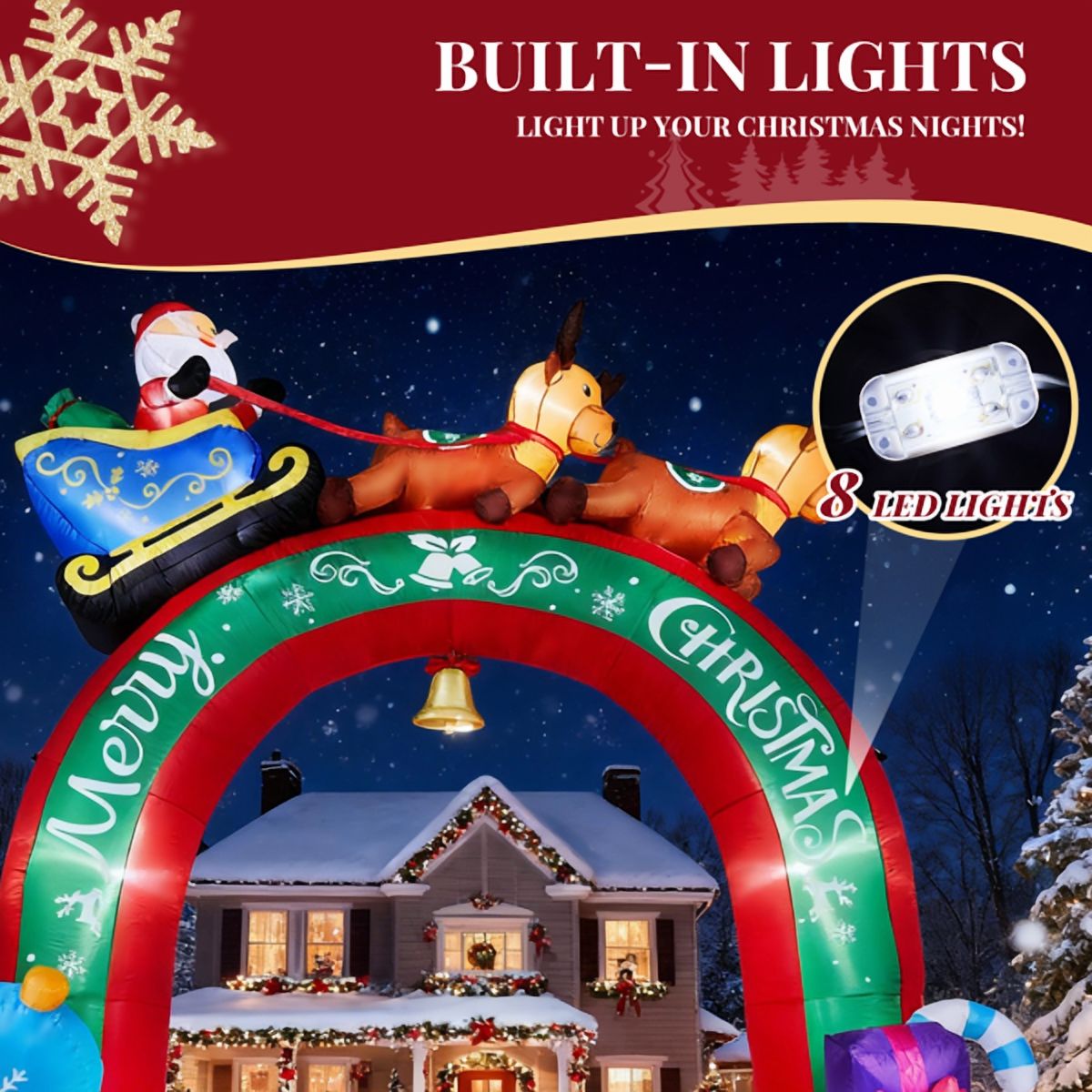 Alvantor 9.84 ft Inflatable Christmas Archway with Reindeer Pulling Santa's Sleigh and 9 Warm White LEDs, Yard Decoration