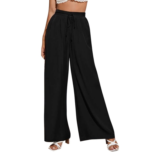Gibobby pantalones nieve mujer Mujer Sólido Casual Cordón Suelto Cintura Elástica Playa Pierna Pantalones Palazzo Pantalones Con Bolsillos (Negro, XL)