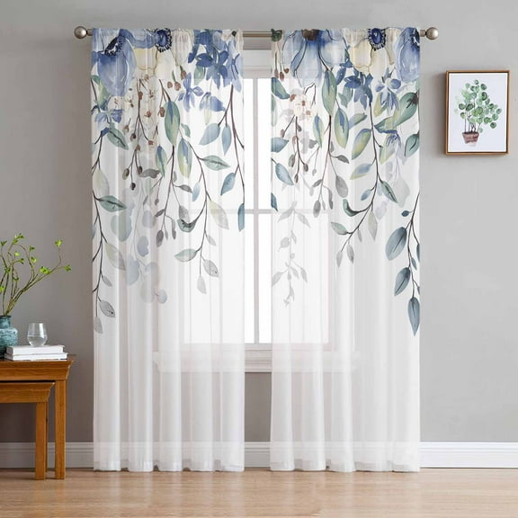 Eucalyptus Flowers Sheer Curtains 72 Inches Long 2 Panels Set, Window Sheer Curtains for Living Room/Bedroom, Botanical Blue White Floral Leaves Light Filtering Rod Pocket Curtain 52'' x 72'' x 2