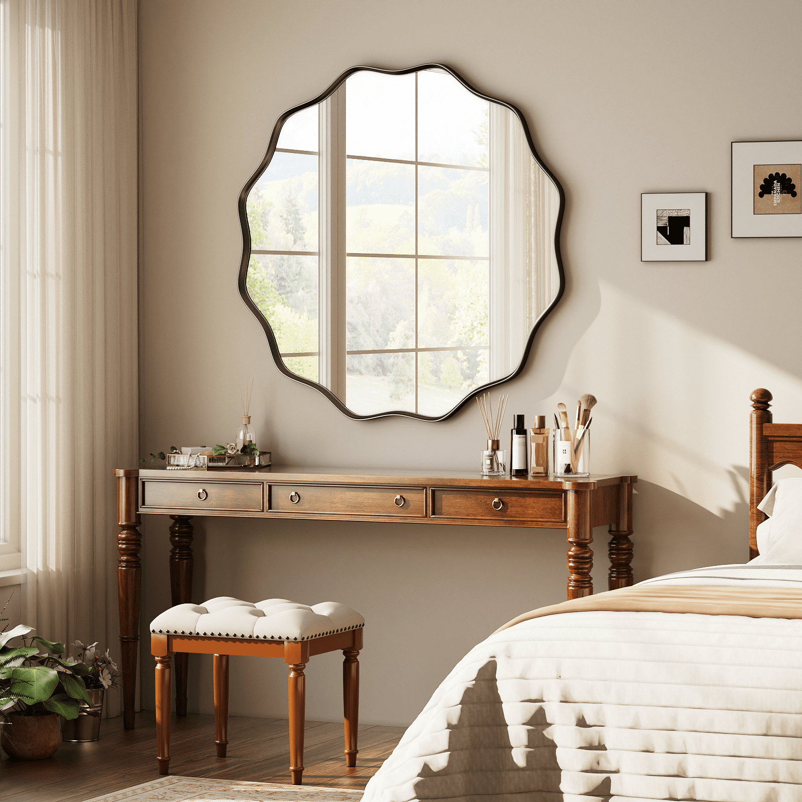 GRAHMCY 30" Wavy Round Bathroom Mirror Decorative Wall Mirror With Deep Frame, Black