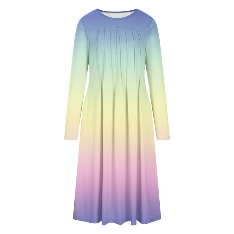 Women's Long Sleeve Festival Dresses O-Neck Pleated Printing Mid Length Dress Winter Loose-FIt Casual Dress with Pockets, Size: Medium, Yellow Women's Long Sleeve Festival Dresses O-Neck Pleated Printing Mid Length Dress Winter Loose-FIt Casual Dress with Pockets, Size: Medium, Yellow
