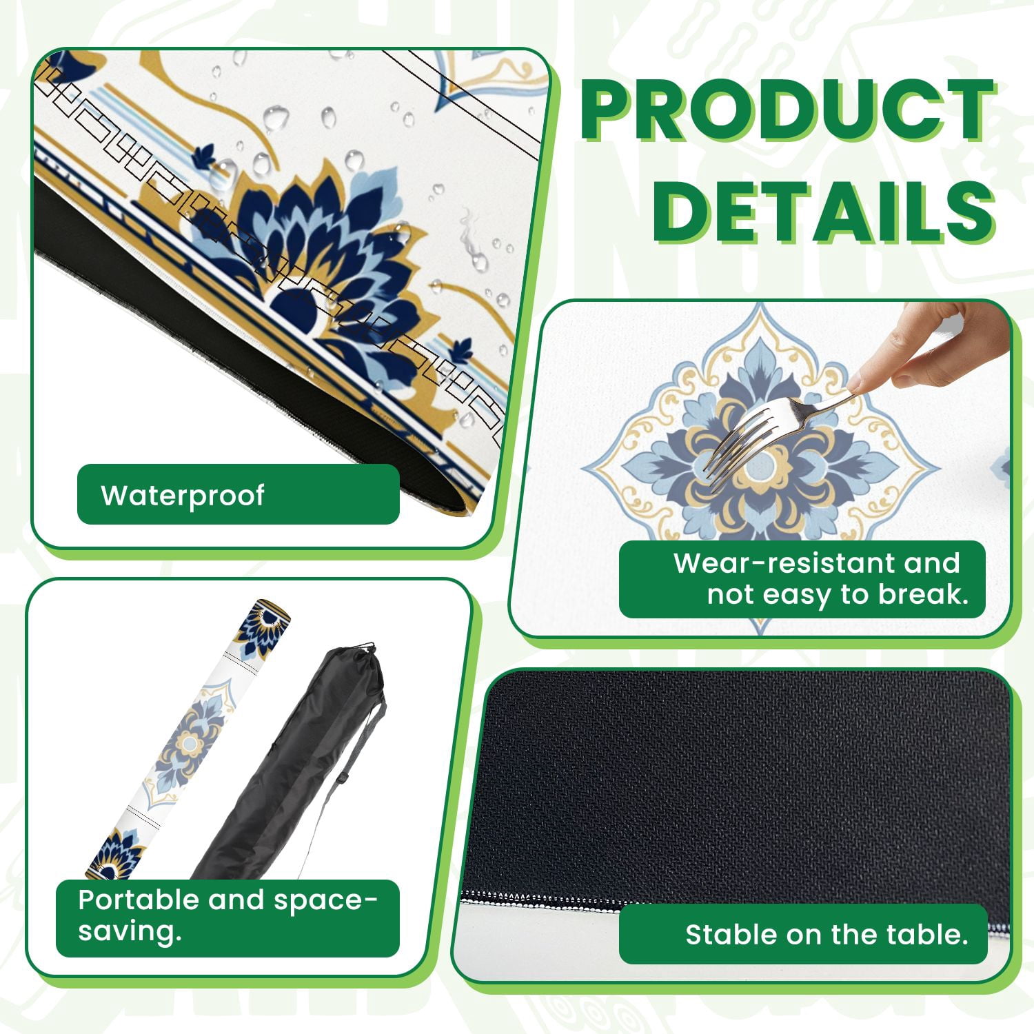 Mahjong Mat 31.5" x 31.5" Ornamental Floral Tile Blue Navy Gold Symmetrical Decorative Motifs Non-Slip Noise Reduction American Mahjong Tiles Table Cover for Dominoes Poker Card Board Games Gift
