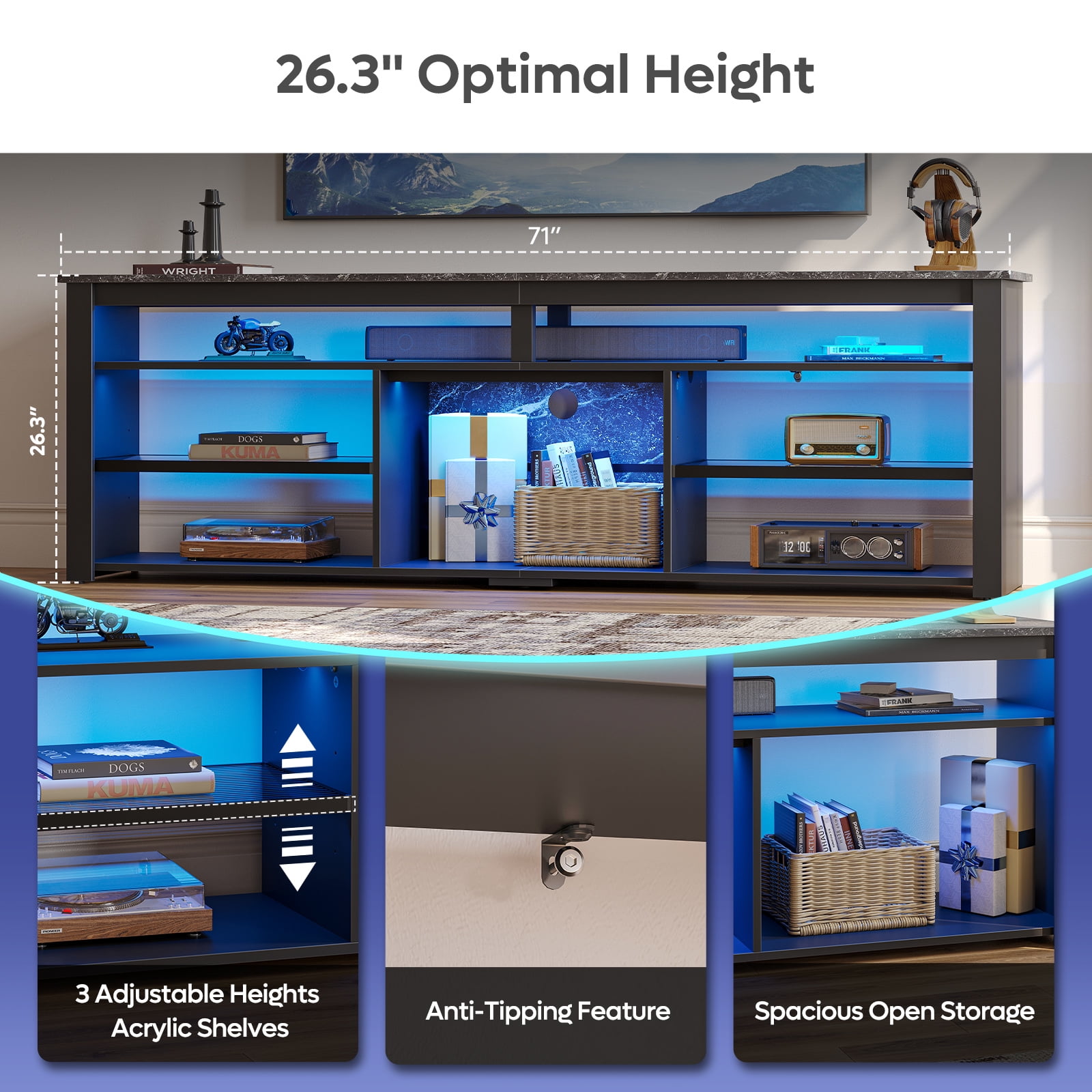 Bestier LED TV Stand for 75" TVs,Gaming Entertainment Center for PS5,Modern TV Stand for Living Room,Tall TV Stand with Storage Shelves, Black Marble