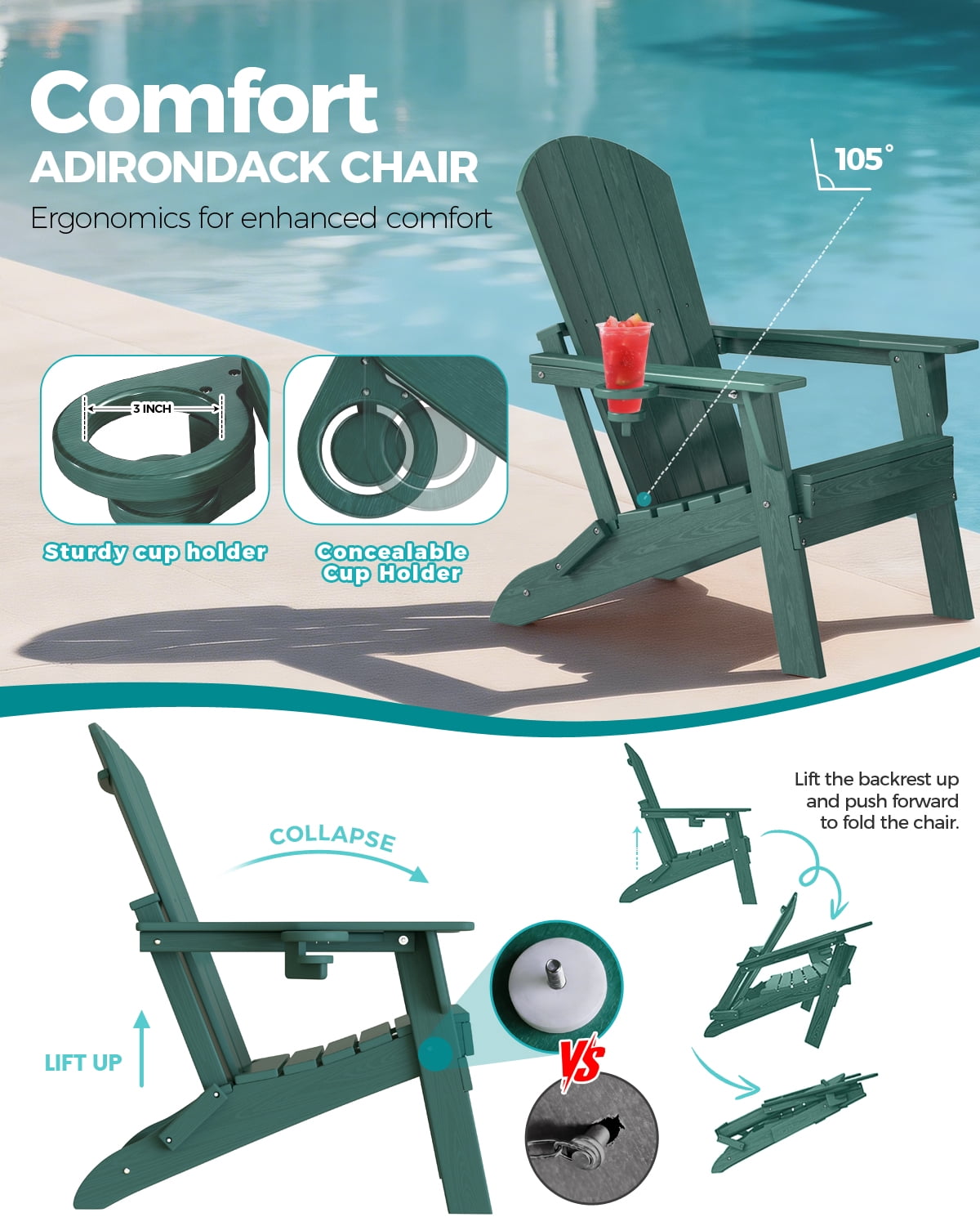 Cobiod Folding Adirondack Chair with Cup Holder, HDPE All-Weather Outdoor Patio Chair, Ergonomic Wood Grain Design for Backyard, Green