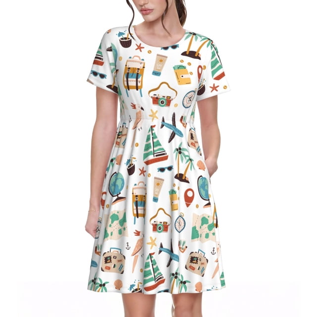 Vsdgher Robes Midi Maxi Décontractées pour Femmes Été 2025 Manches Courtes Légères Col Rond Robe de Plage