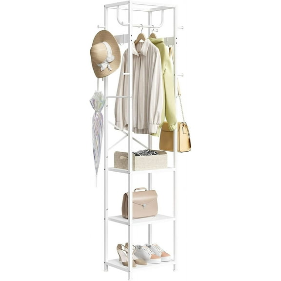 Coat Rack Freestanding, Hall Tree with 3 Storage Shelves and 12 Hooks, Industrial Clothes Rack Stand Organizer for Bedroom, Hallway, Entryway, Office, Living Room, White