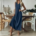 thumbnail image 4 of Tianiyouqing Women Linen 2025 Pleated Flowy Dresses Zipper Up Sleeveless V Neck Loose Holiday Tshirt Dresses Comfortable Office Midi Dresses Navy XL, 4 of 7